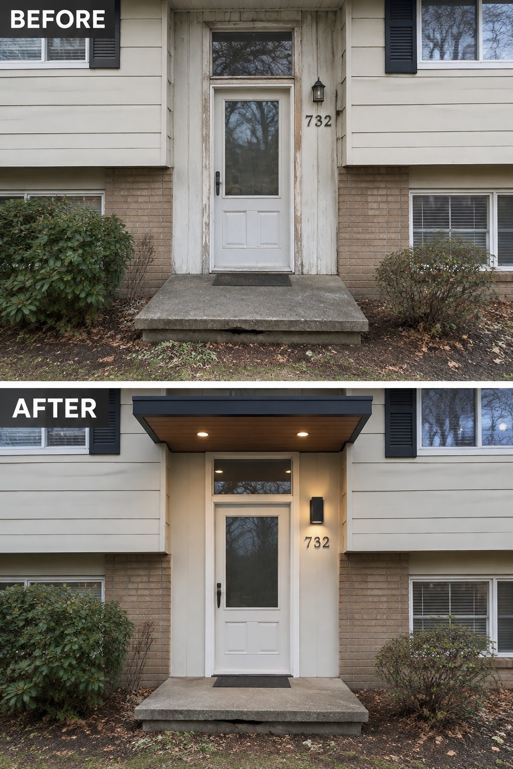 Before-and-after makeover image of a split-level home entry updated with a covered canopy and recessed lighting above the front door.