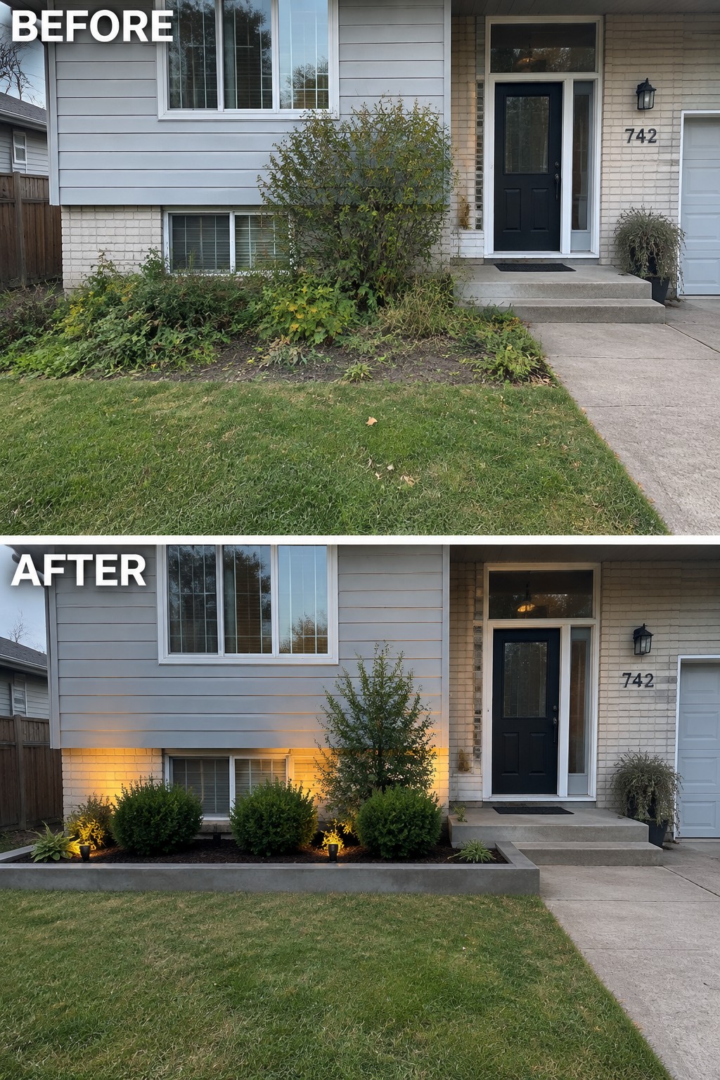 Before-and-after makeover image of an overgrown front garden changed into a defined planting bed with shrubs and small landscape lights.