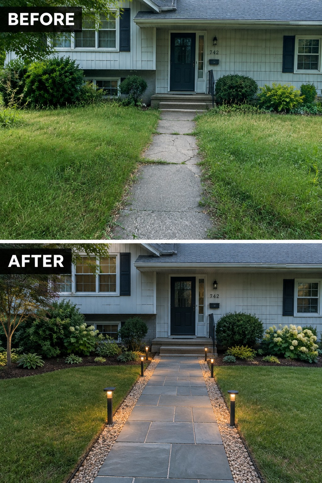 Before-and-after makeover image of a front yard with a cracked walkway changed to a paver path with gravel borders and path lights.