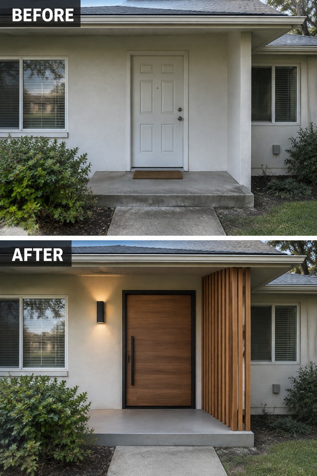 Before-and-after makeover image of a house entry updated with a wood-finish front door, black trim, a wall light, and vertical wood slats.