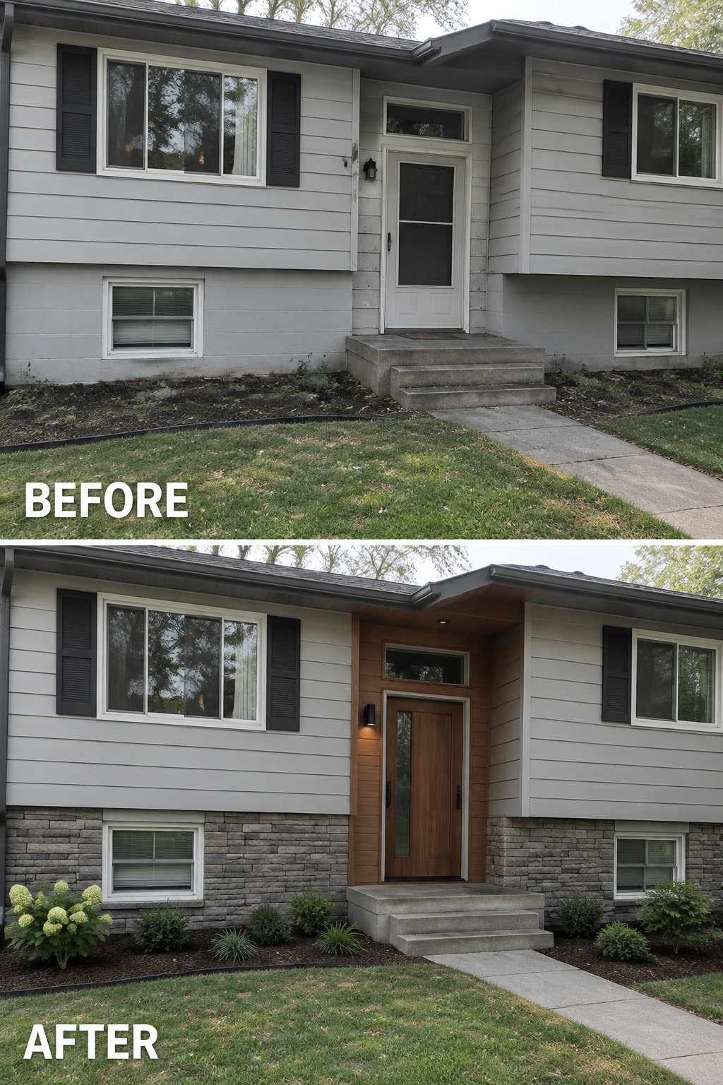 Before-and-after makeover image of a split-level house entry updated with a wood front door and wood siding around the doorway.
