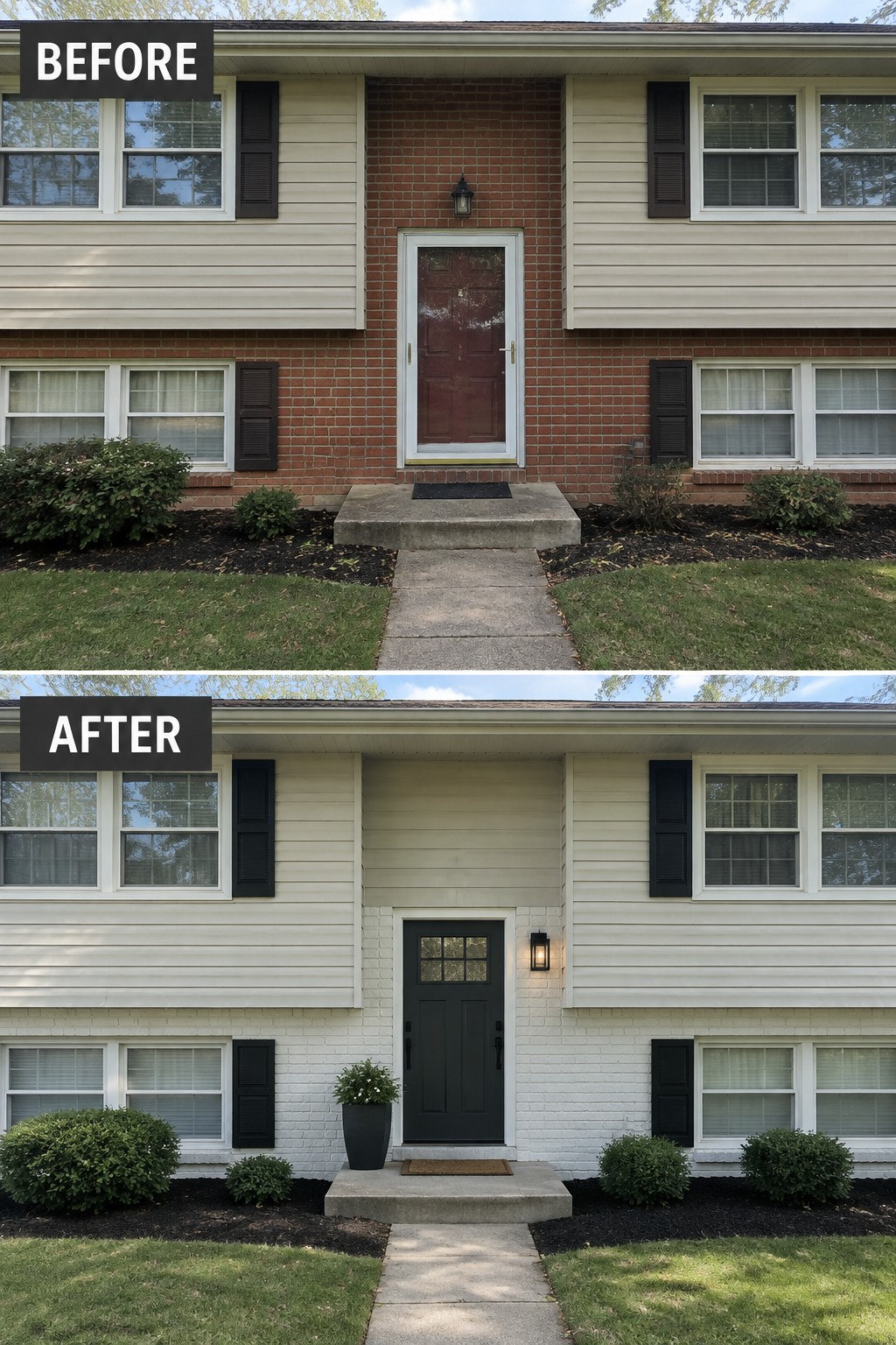 Before-and-after makeover image of a split-level home entry changed from red brick and a worn brown door to white-painted brick and a dark front door.