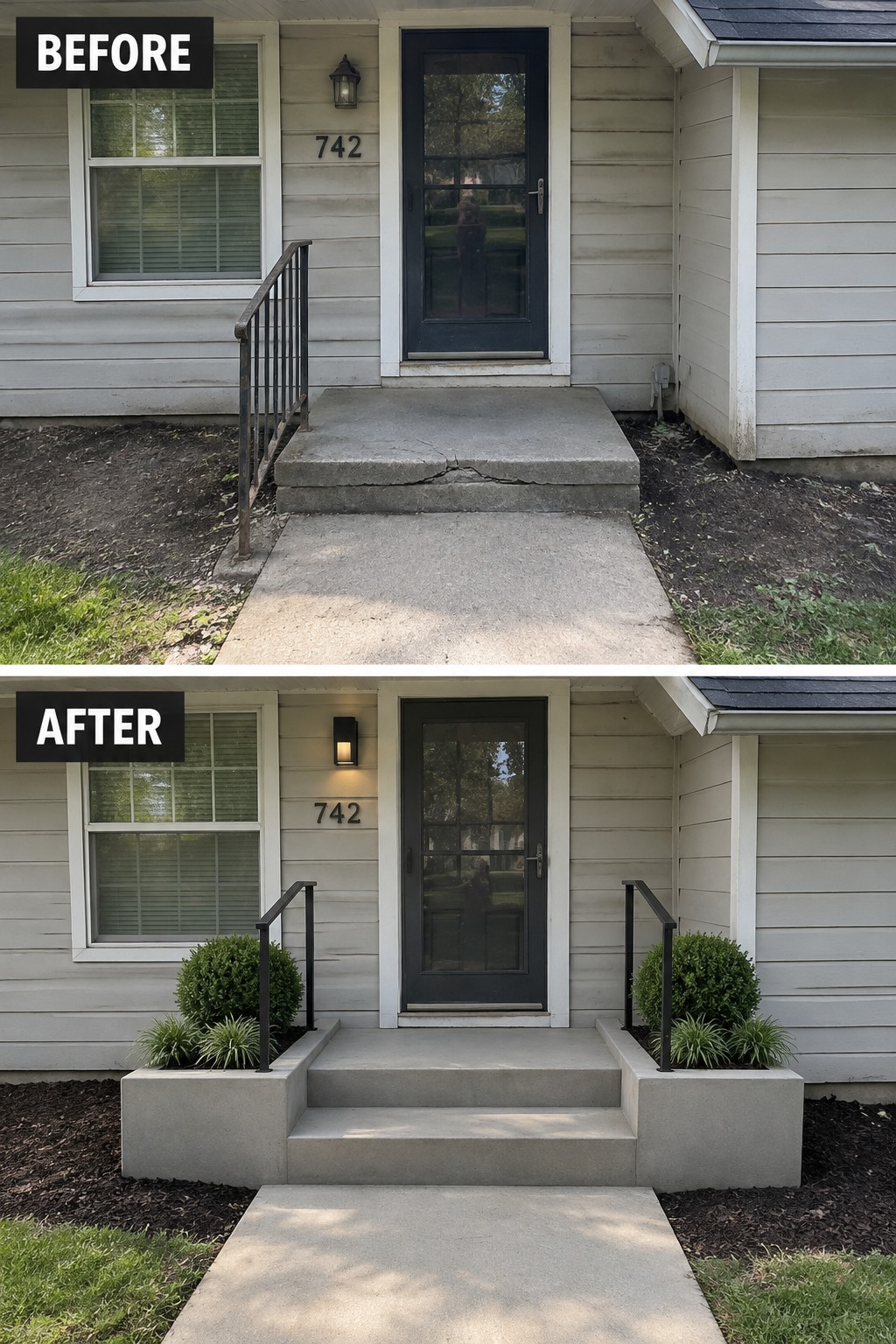 Before-and-after makeover image of a front entry with a cracked concrete stoop and single railing updated with new steps, railings, and planters.
