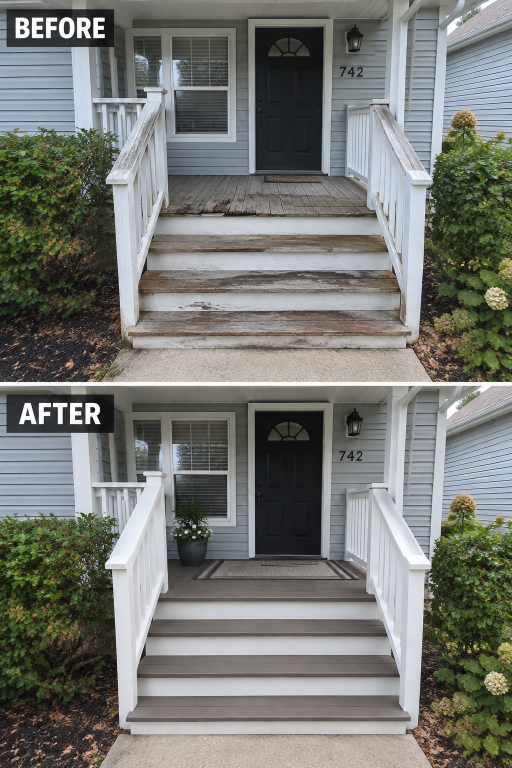 Before-and-after makeover image of a front porch with weathered wooden steps and decking replaced by clean gray decking and stair treads.