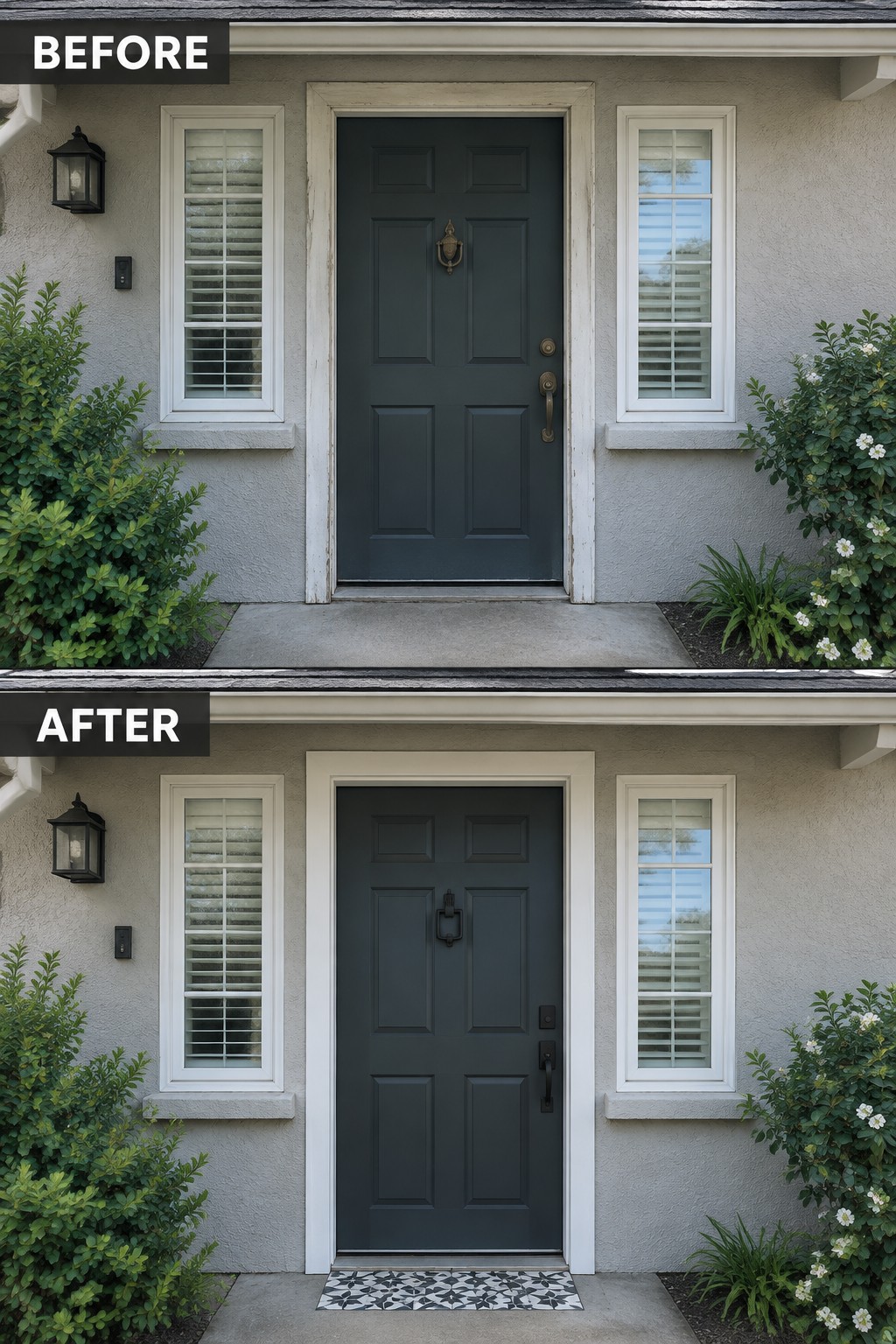 Before-and-after image of a front entry with a plain concrete threshold changed to patterned tile.