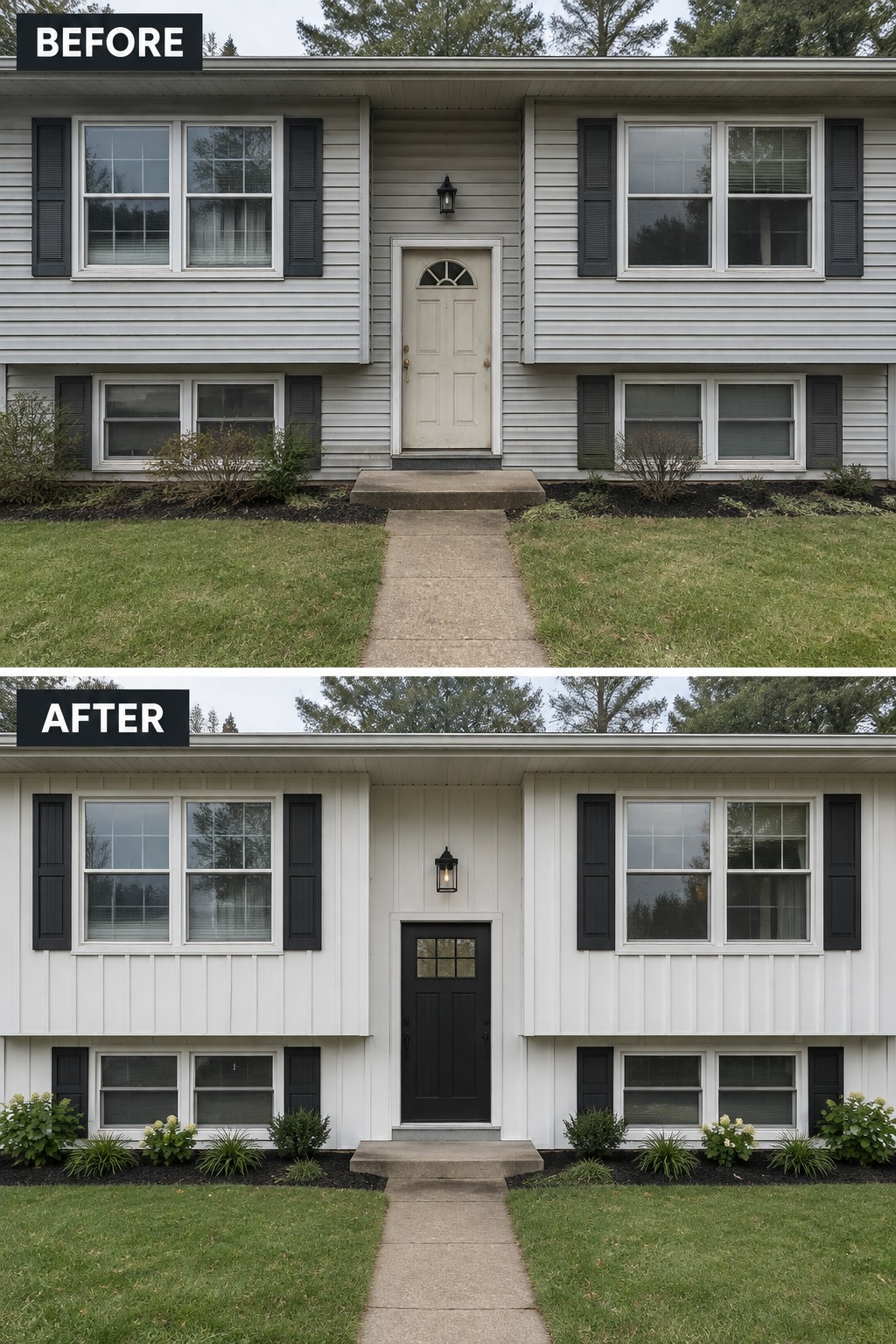 Before-and-after makeover image of a split-level house with gray horizontal siding and a light front door updated to white vertical siding and a black front door.