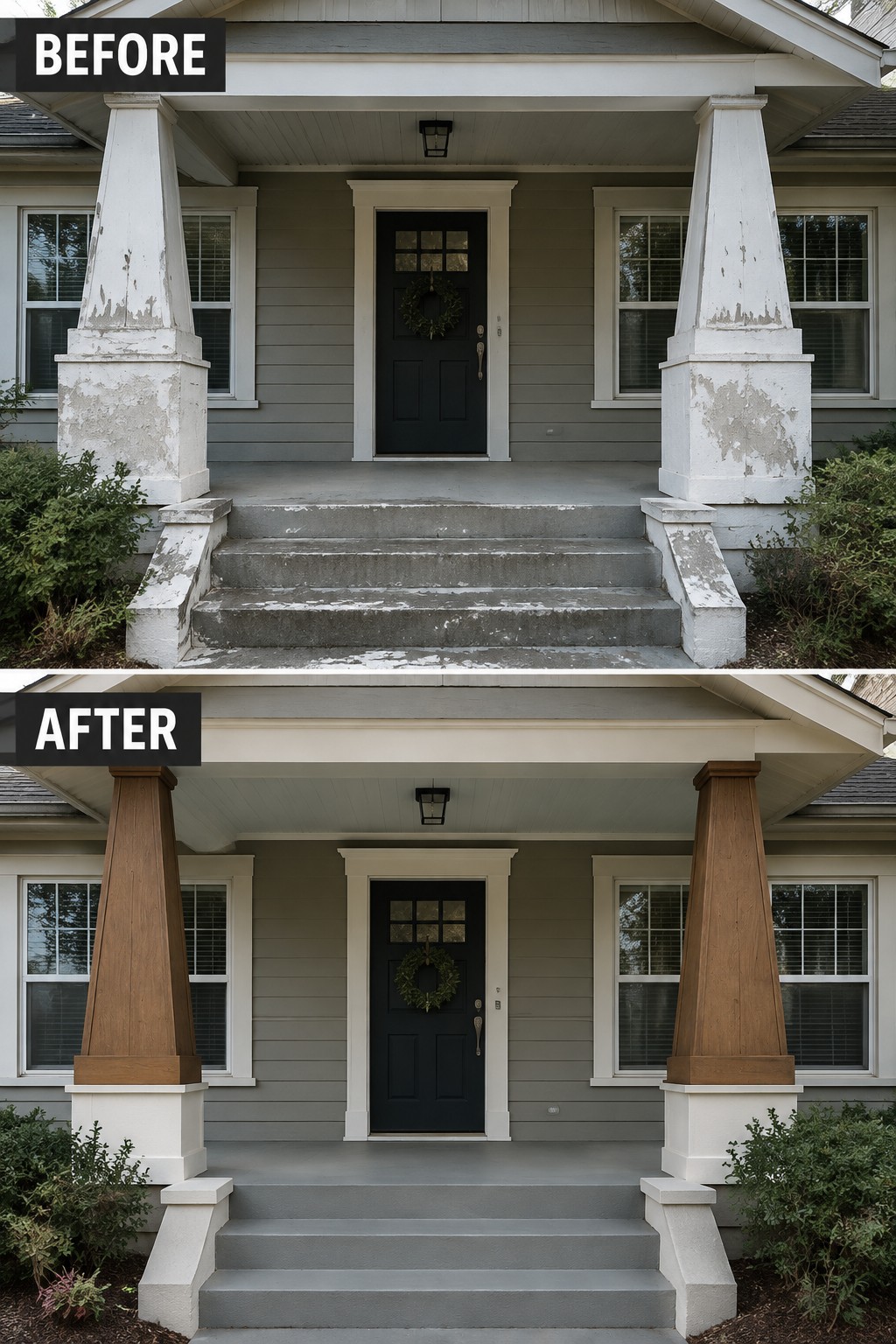 Before-and-after makeover image of a front porch with peeling white columns updated with wood cladding.
