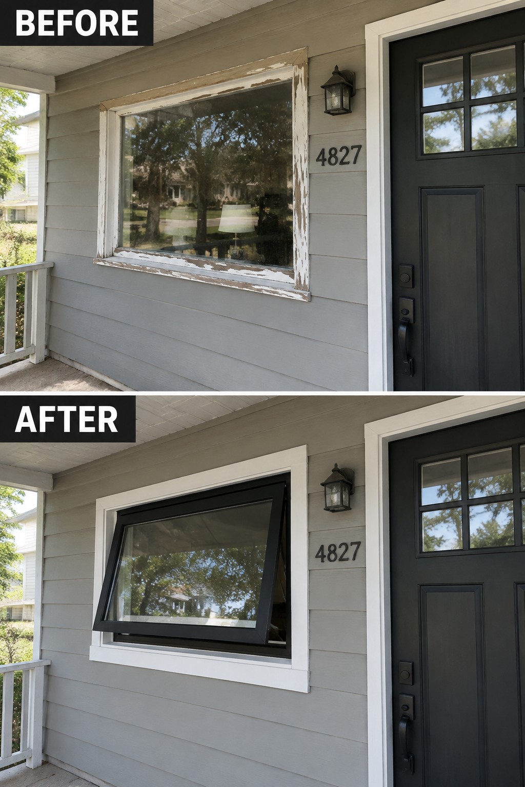 Before-and-after makeover image showing a worn front window replaced with a black-framed window and fresh white trim.
