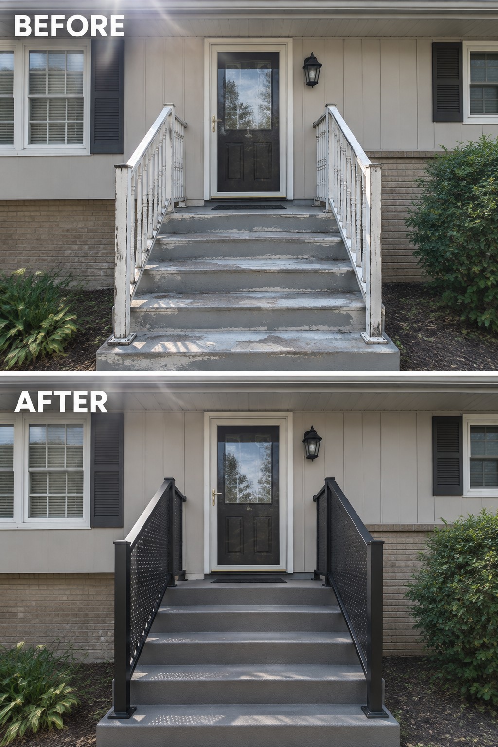Before-and-after makeover image of a raised home entry with peeling white railings replaced by dark metal railings.