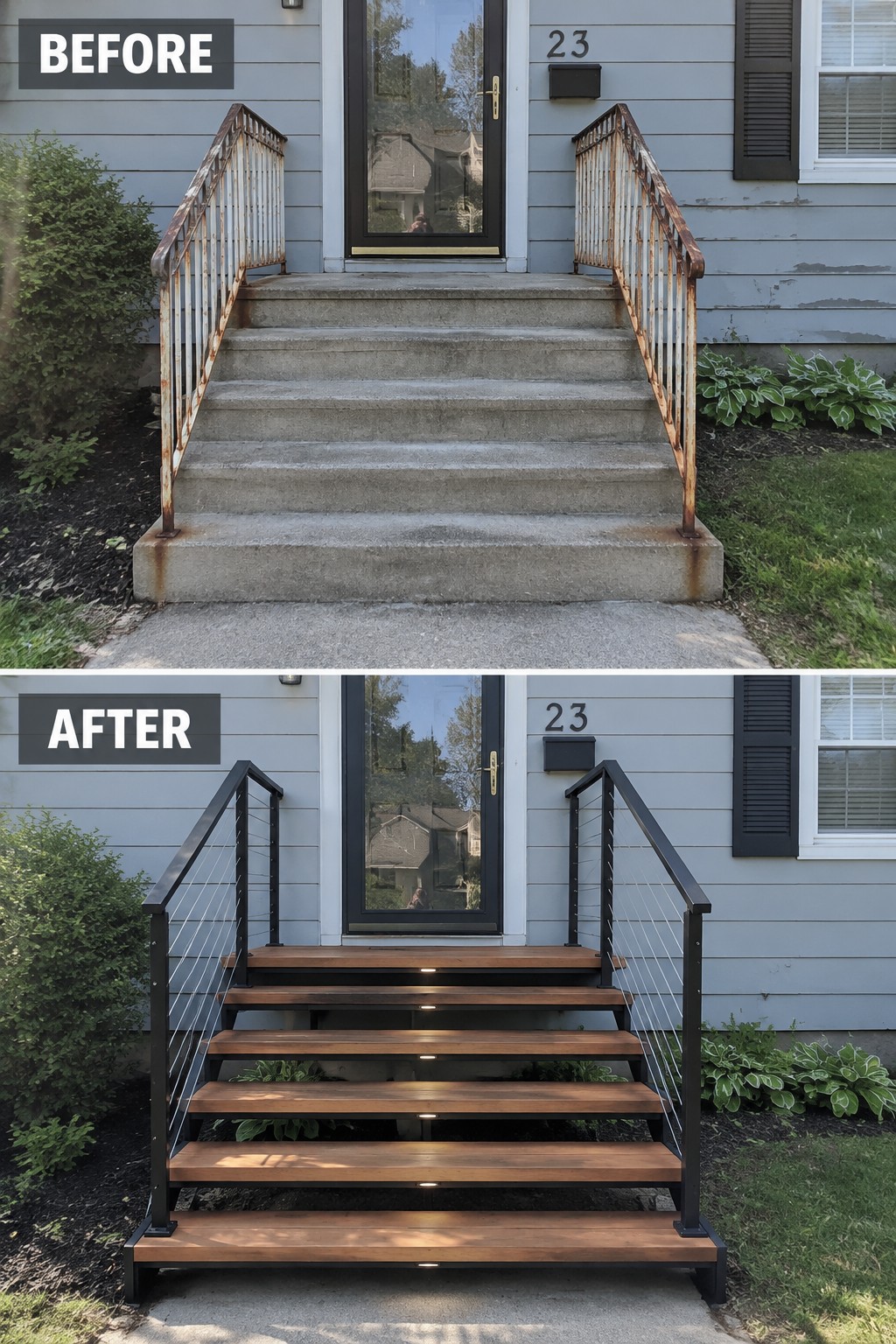 Before-and-after makeover image showing concrete front steps with rusted railings replaced by open wooden stairs with dark railings.