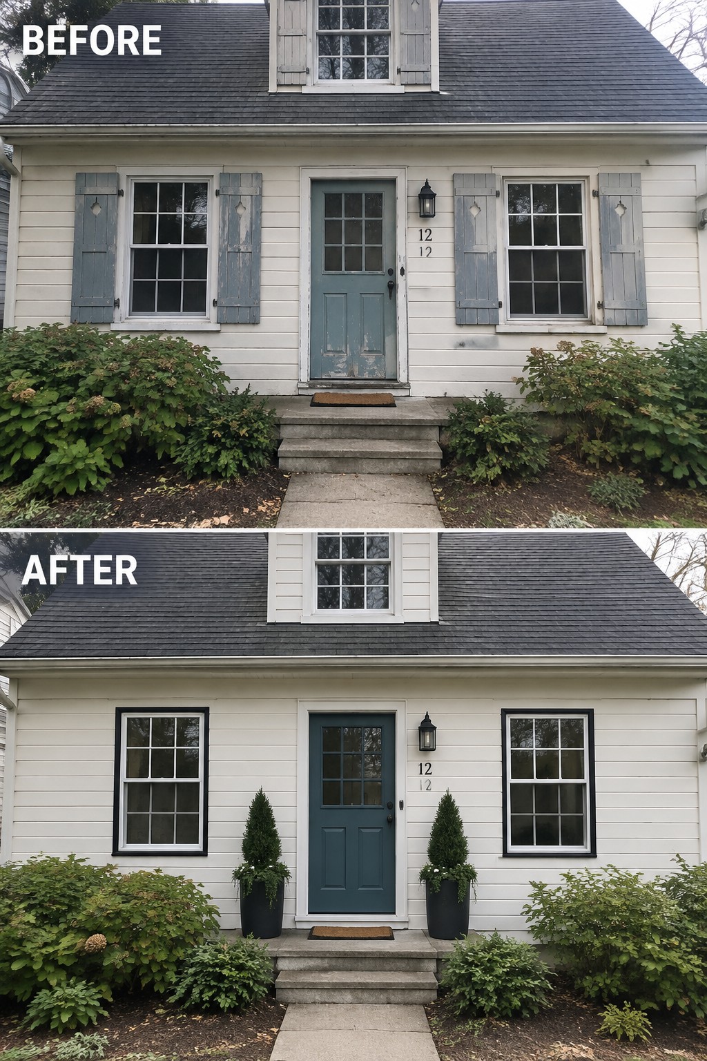 Before-and-after makeover image of a cottage entry, with faded shutters removed and the front door updated to a deeper blue-green color.