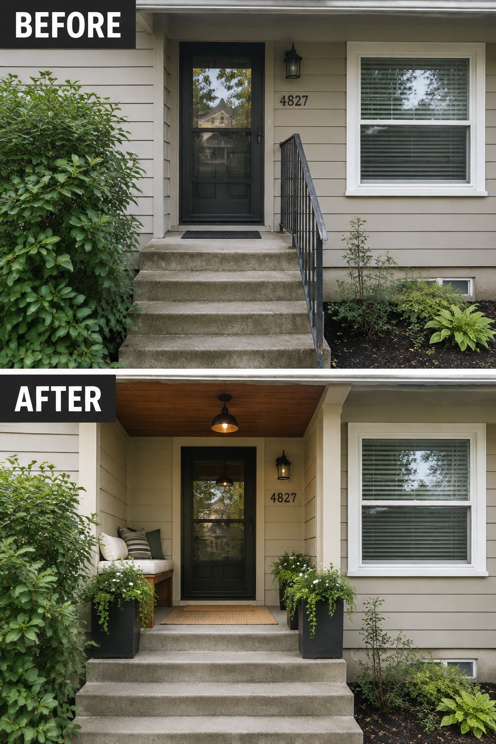 Before-and-after image of a bare front entry updated with a bench, planters, a wood ceiling, and a porch light.