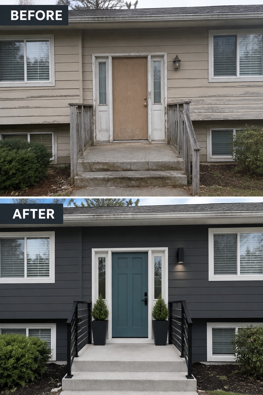 Before-and-after makeover image of a split-level house entry updated with dark siding, a blue front door, and modern railings.