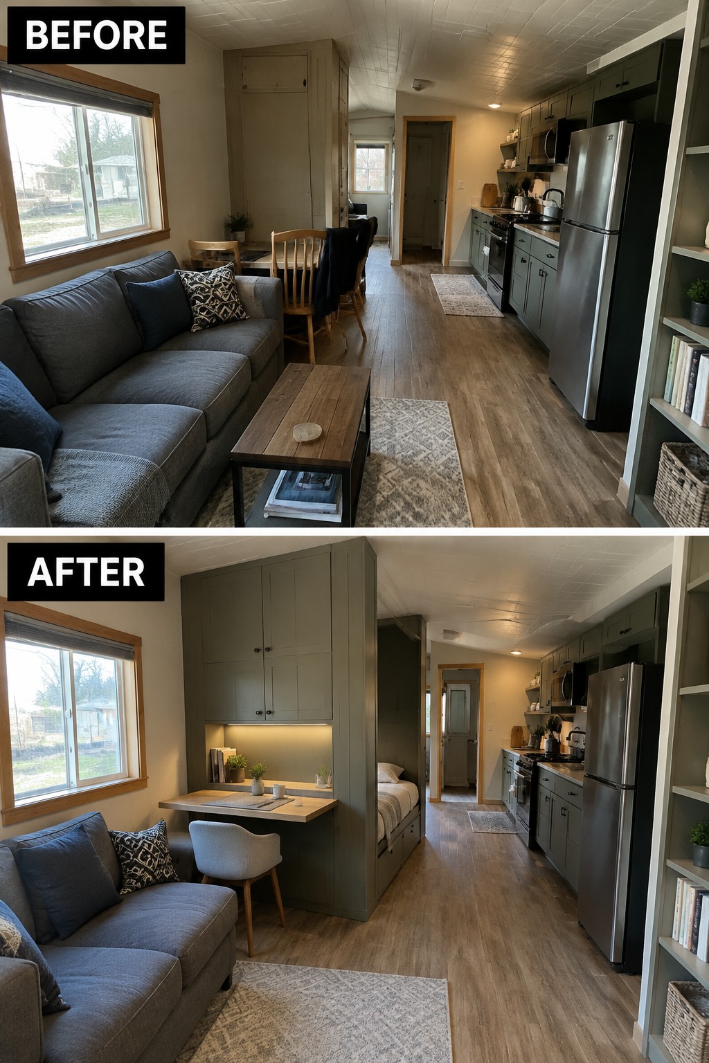 Before-and-after makeover image of a tiny home living area updated with a built-in desk and tall storage cabinetry.