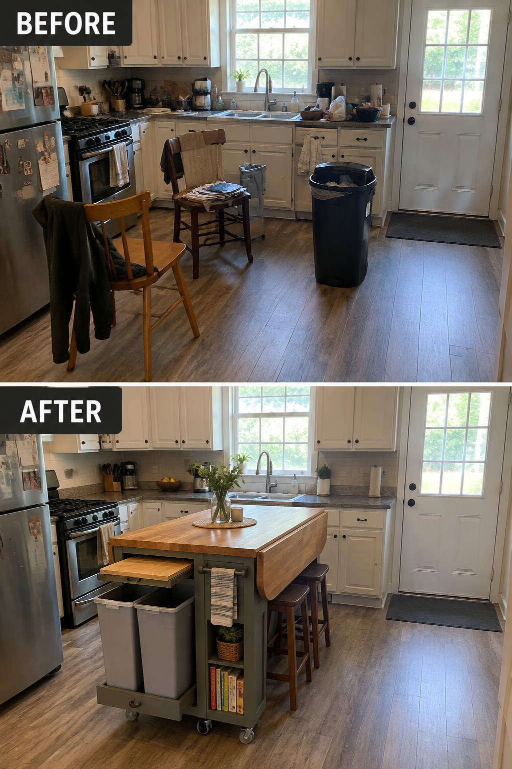 Before-and-after makeover image of a cluttered kitchen reorganized around a rolling island with a butcher-block top, pull-out bins, shelves, and stools.