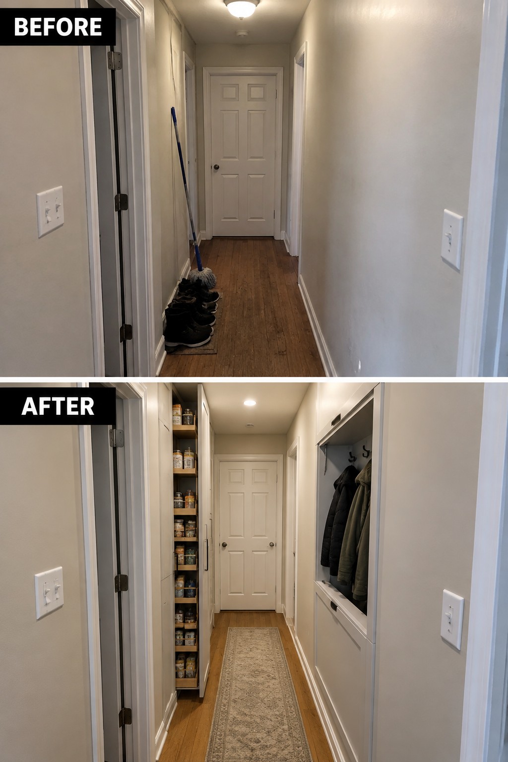 Before-and-after makeover image of a narrow hallway with shoes and a mop replaced by a tall storage cabinet, a recessed coat nook, and a runner.