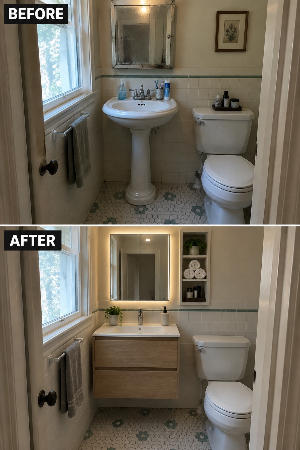 Before-and-after makeover image of a small bathroom updated with a floating vanity, concealed drawer storage, and a lit mirror.