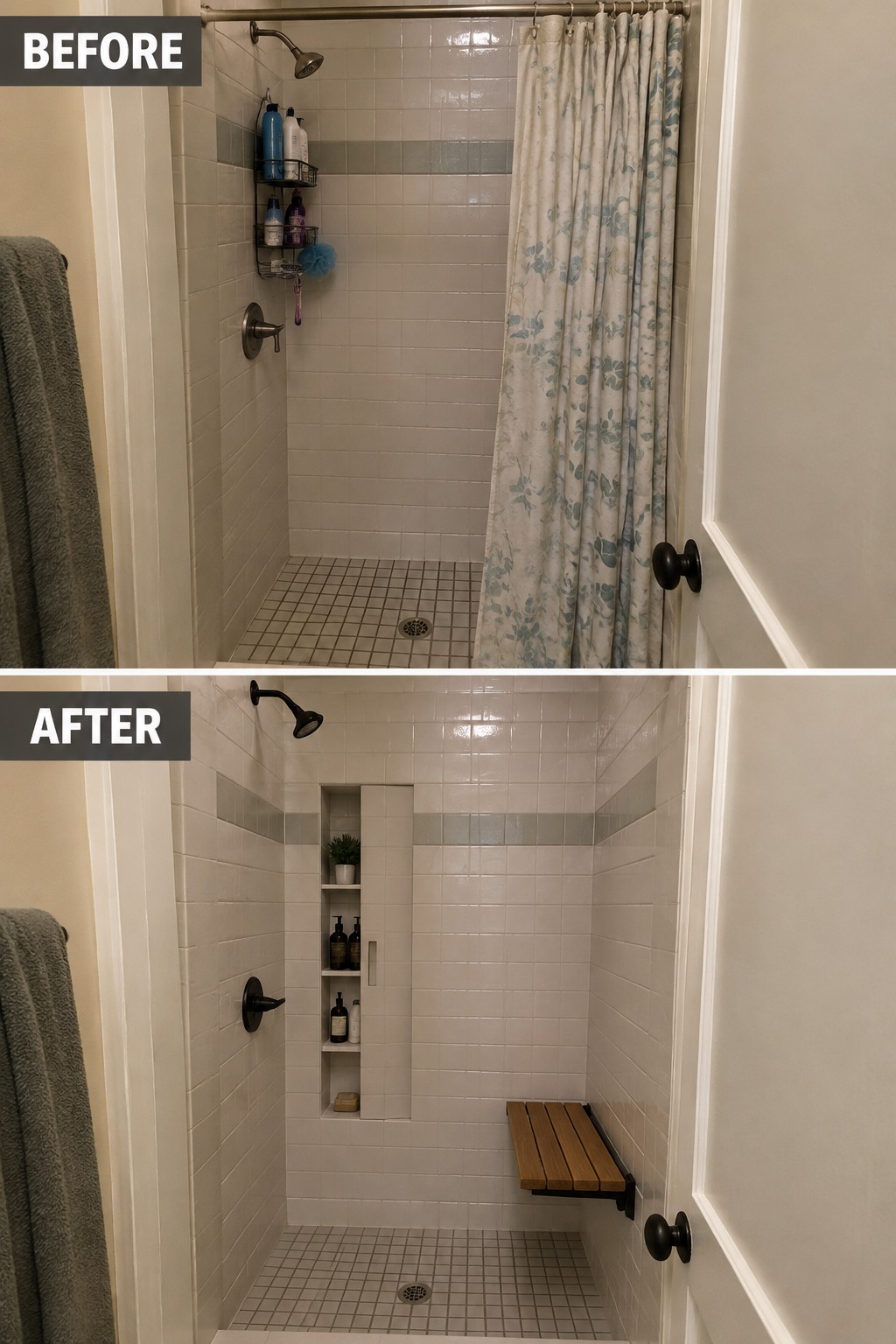 Before-and-after makeover image of a shower with hanging caddies and a curtain changed to a tiled shower with recessed shelves and a fold-down seat.