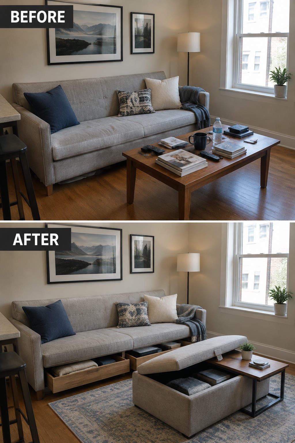 Before-and-after makeover image of a living room with a standard sofa and coffee table changed to seating with under-sofa drawers and a storage ottoman.