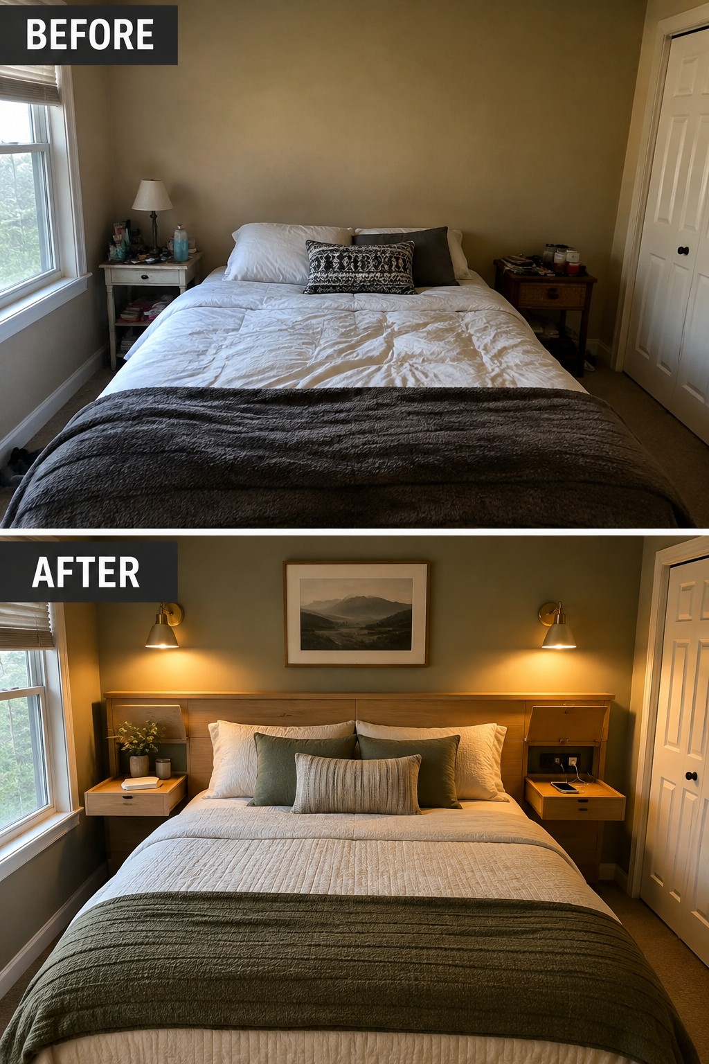 Before-and-after makeover image of a bedroom updated with a built-in wooden headboard, bedside storage, and wall-mounted lights.