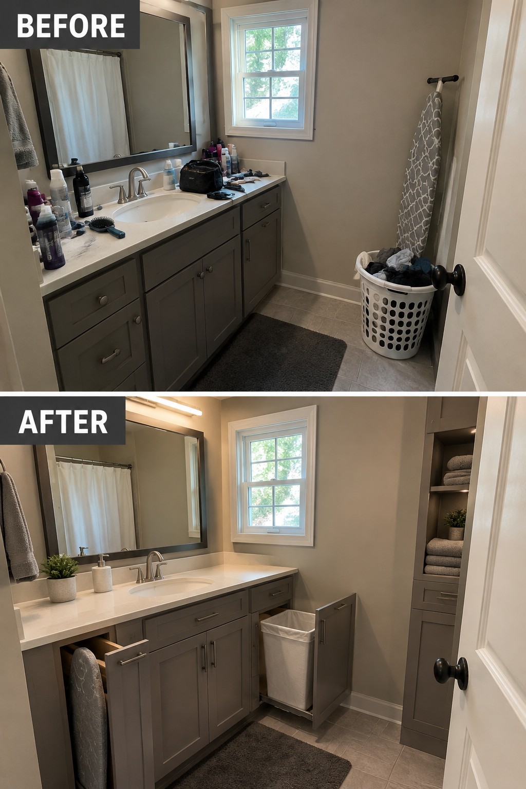 Before-and-after makeover image of a small bathroom updated with a pull-out laundry hamper and a tall built-in cabinet for towels.
