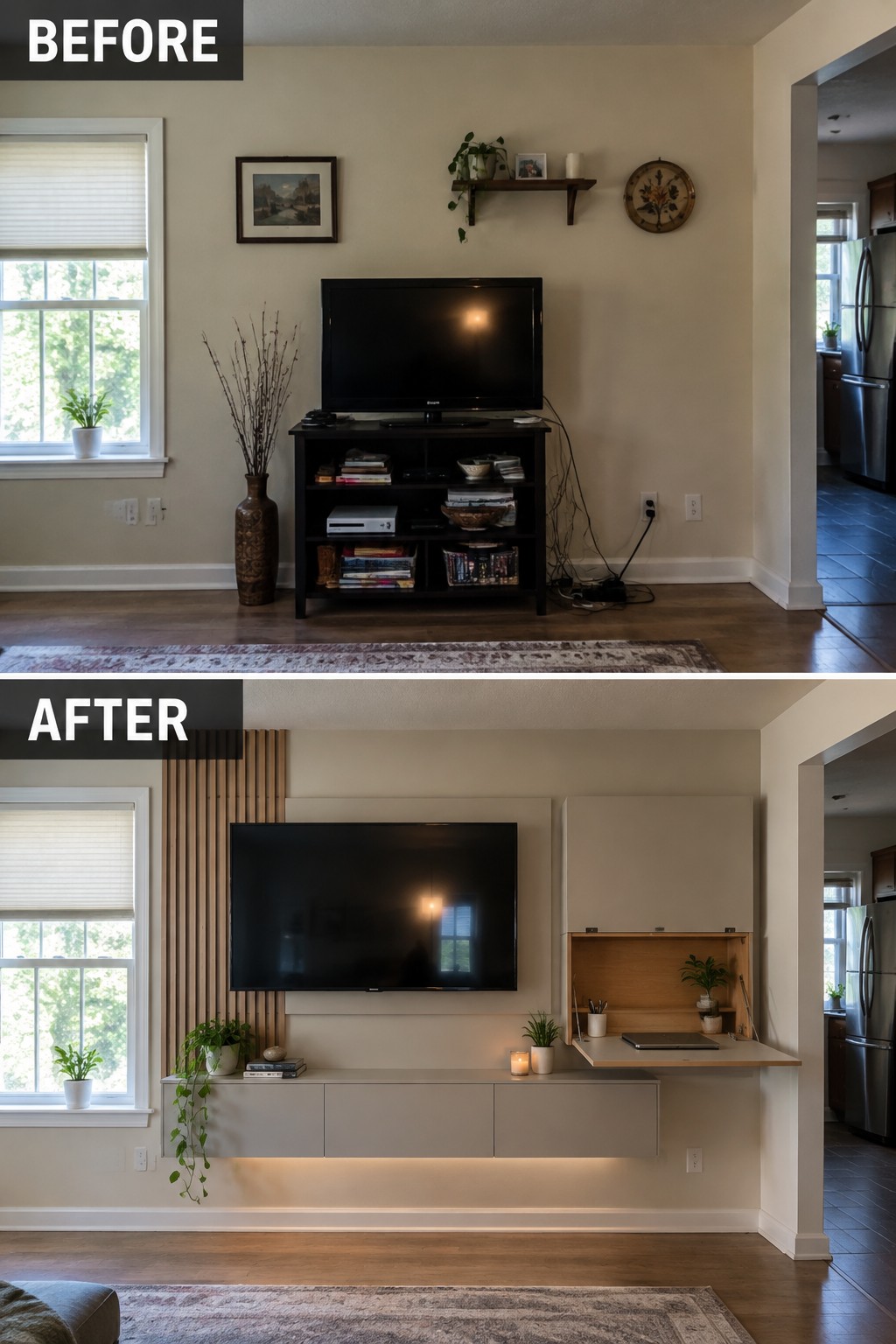 Before-and-after makeover image of a living room media area changed from a TV on a cluttered stand to a wall-mounted TV, floating cabinets, and a compact desk nook.