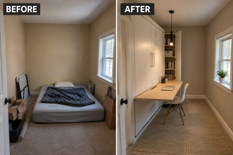 20 Tiny House Remodel Ideas With Multi-Functional Furniture and Concealed Storage Before-and-after image of a bedroom converted into a home office with a built-in wall bed, desk, and shelving.