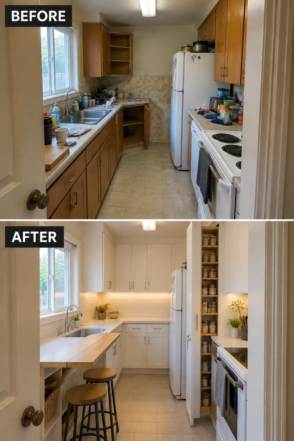 Before-and-after makeover image of a narrow kitchen updated with white cabinets, a compact counter extension, and stools.