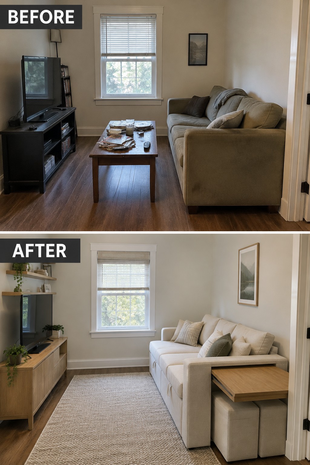 Before-and-after makeover image of a living room changed from a cluttered layout to a brighter space with a storage sofa, pull-out table, stools, and rug.