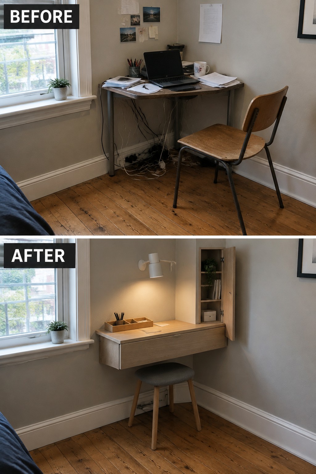 Before-and-after makeover image of a cluttered desk and chair replaced by a wall-mounted desk with a cabinet and stool.
