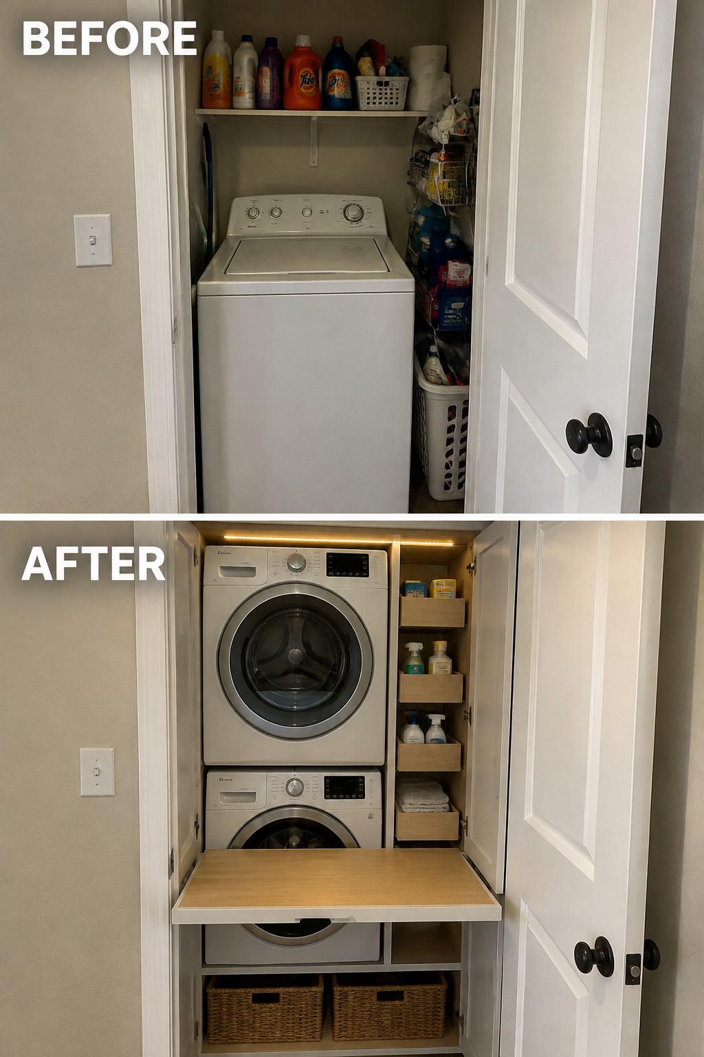 Before-and-after makeover image of a laundry closet changed from a side-by-side top-load washer to stacked front-load machines with a pull-out counter and built-in storage.