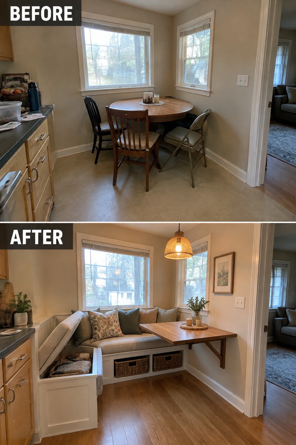Before-and-after makeover image of a small dining nook changed from a round table and chairs to a built-in bench with storage and a wall-mounted table.