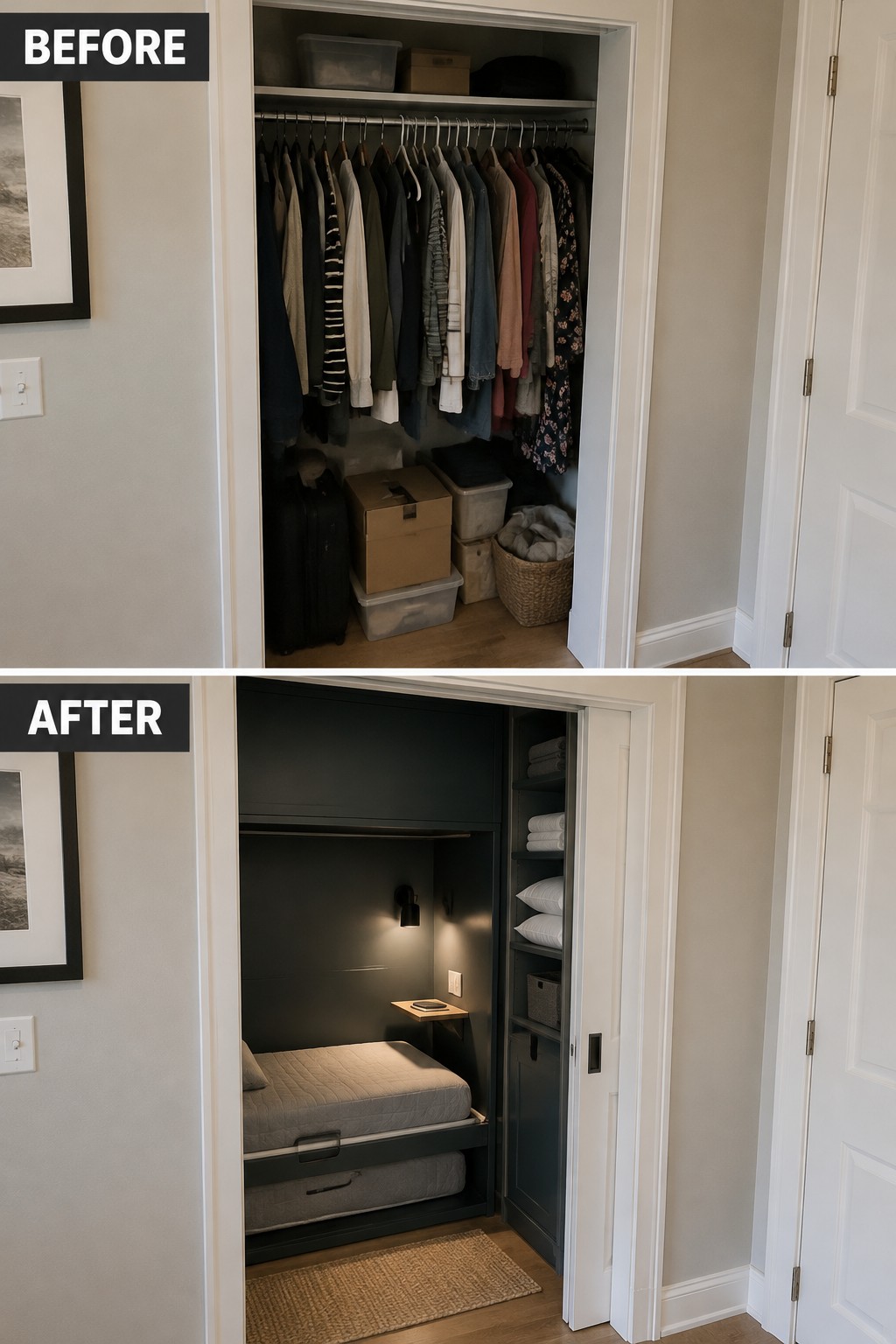 Before-and-after makeover image of a crowded closet changed into a compact sleeping area with a built-in bed and side shelves.