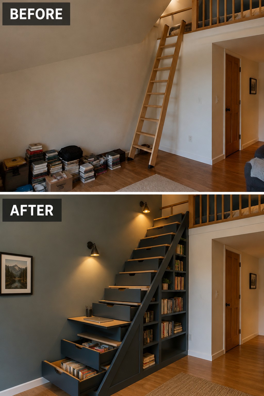Before-and-after makeover image showing a loft ladder replaced by a staircase with built-in drawers and bookshelves.