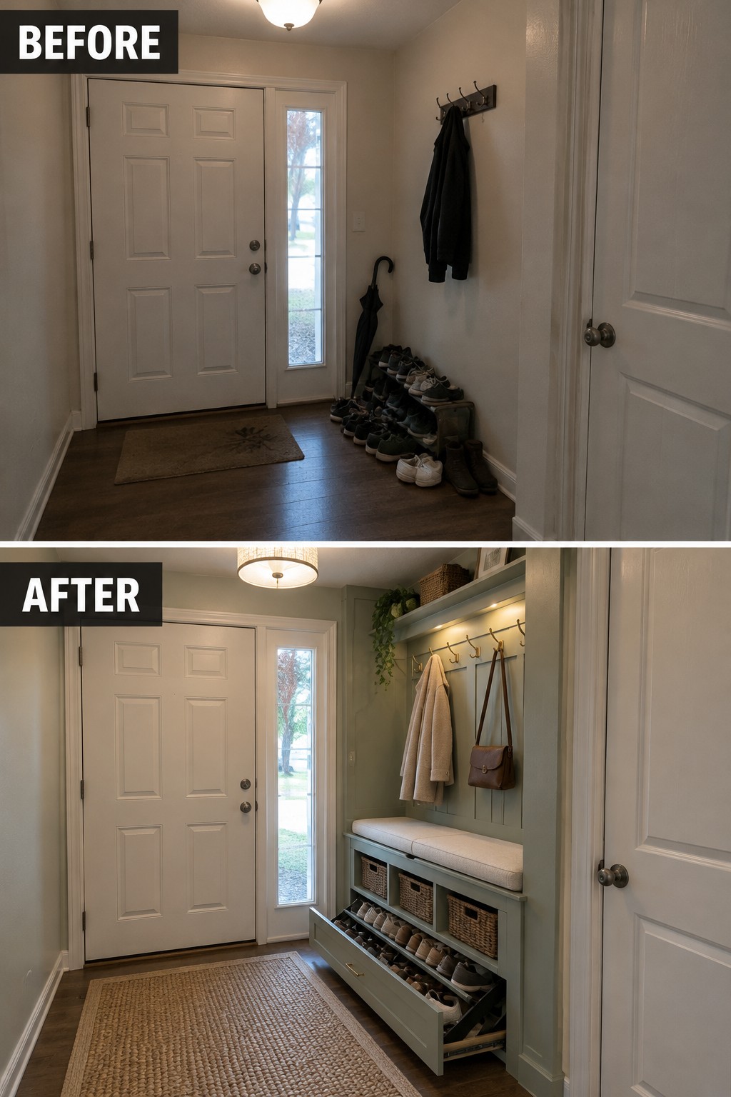 Before-and-after makeover image of an entryway changed from a shoe pile and coat hooks to a built-in bench with shoe storage, wall hooks, and an upper shelf.