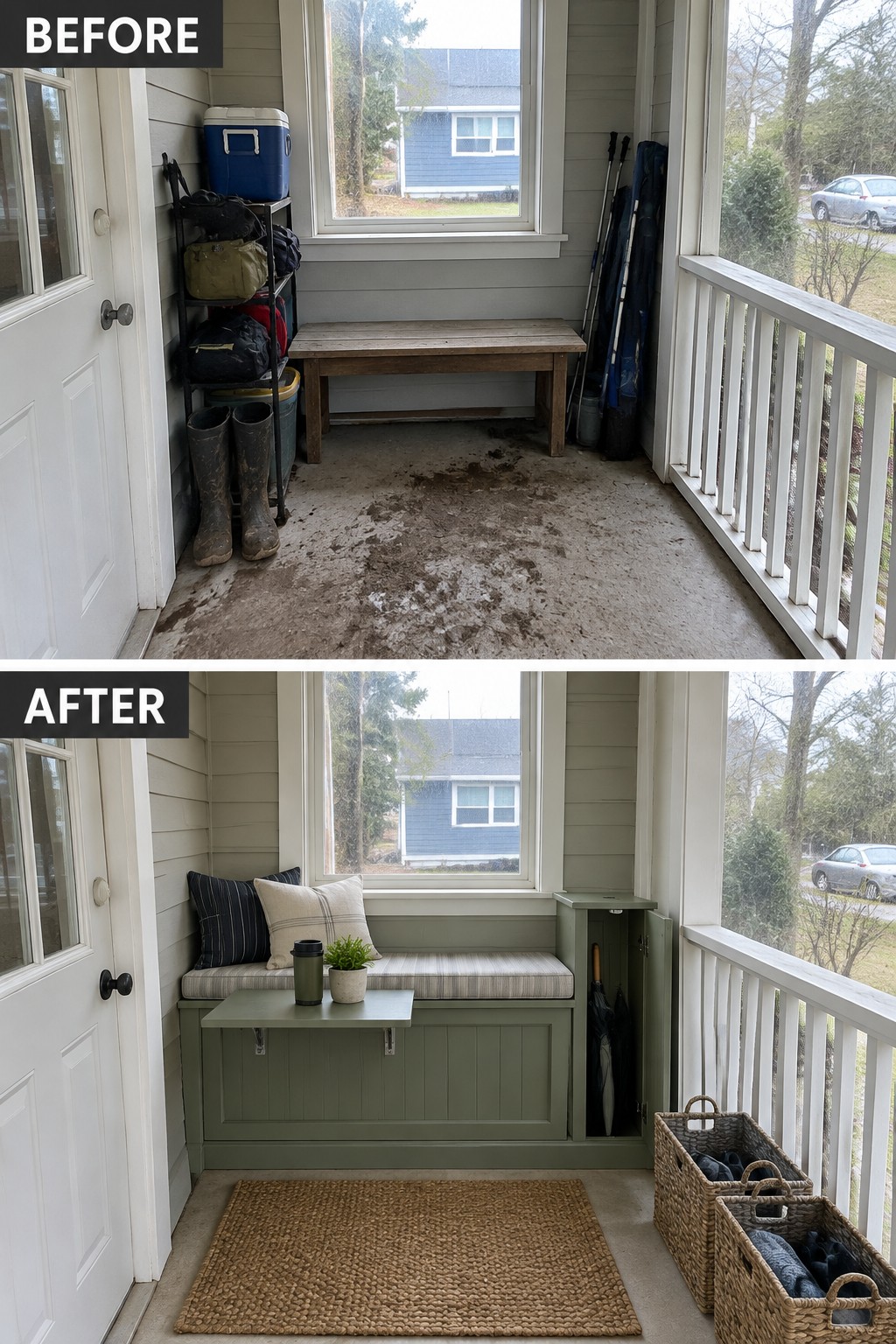 Before-and-after makeover image of a cluttered porch with a basic bench changed into a built-in storage bench with cushions, a small table, a rug, and baskets.