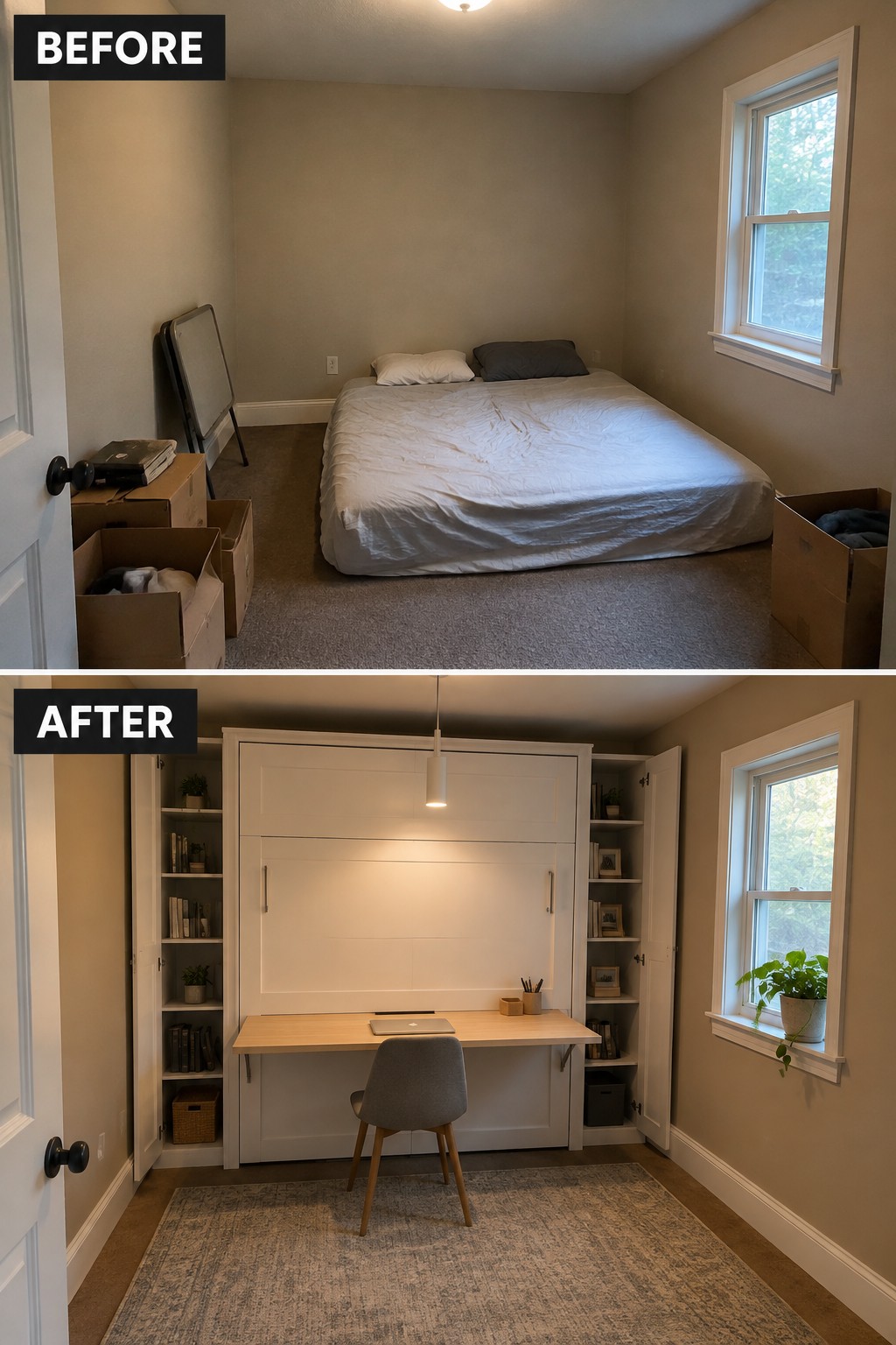 Before-and-after image of a bedroom converted into a home office with a built-in wall bed, desk, and shelving.