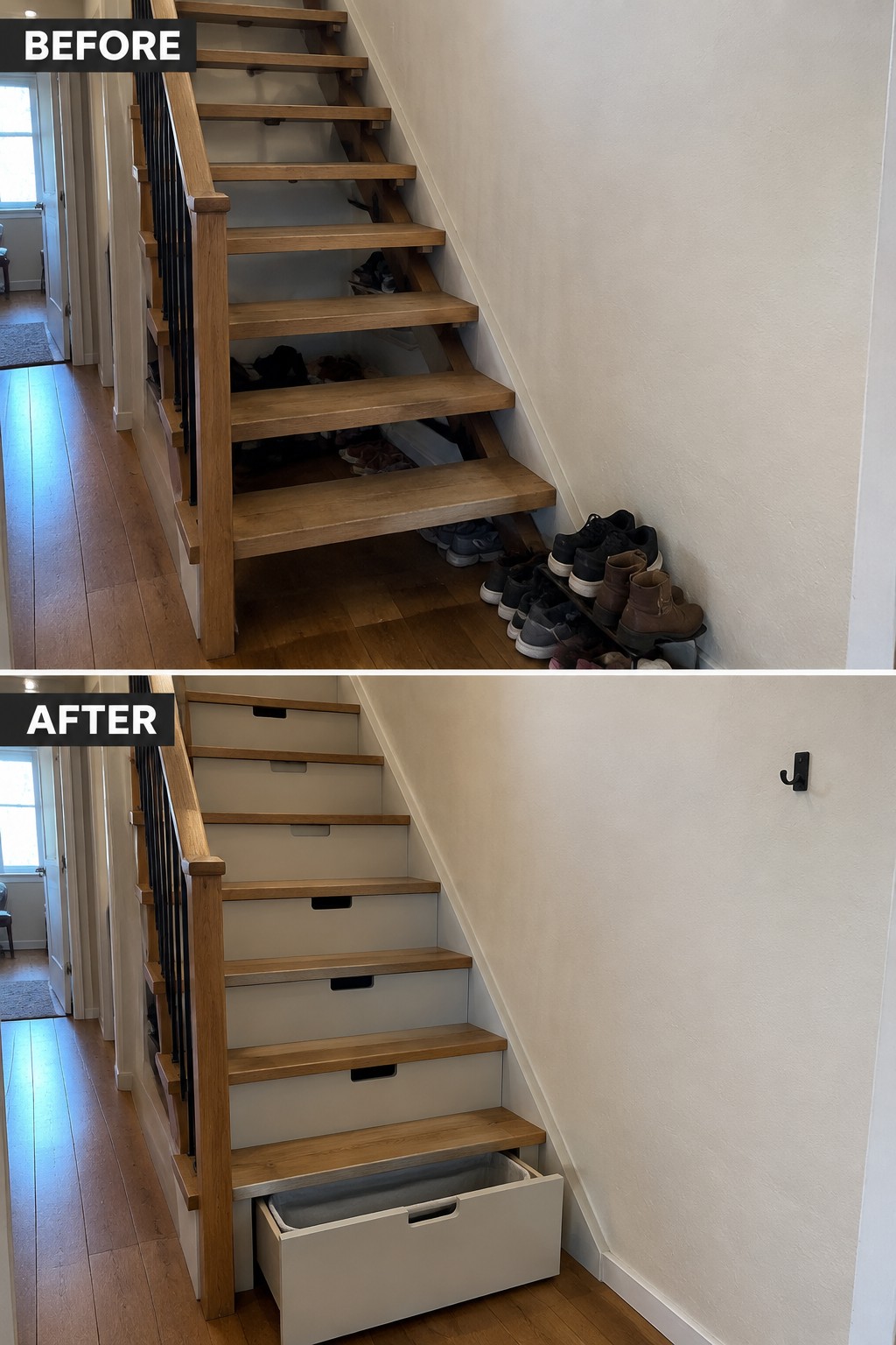 Before-and-after makeover image of an open staircase with shoes stored underneath, updated with built-in pull-out drawers beneath the steps.