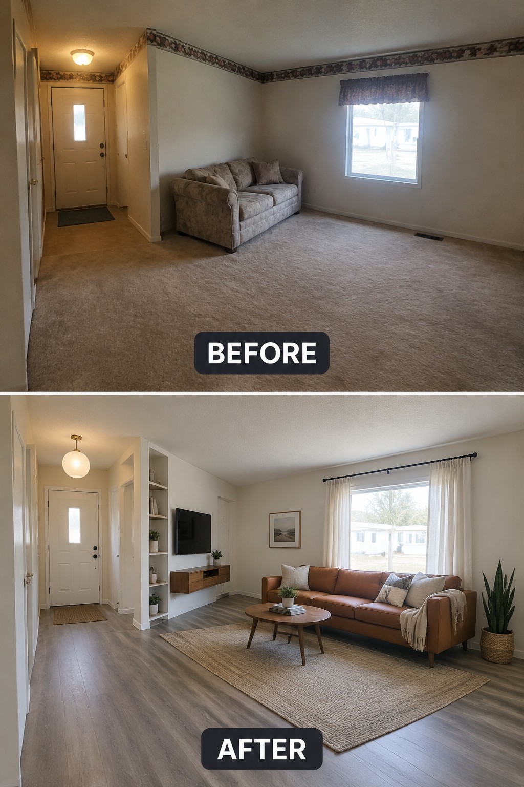 Before-and-after makeover image of a plain living room updated with a defined seating area, wood-look flooring, and a TV wall.