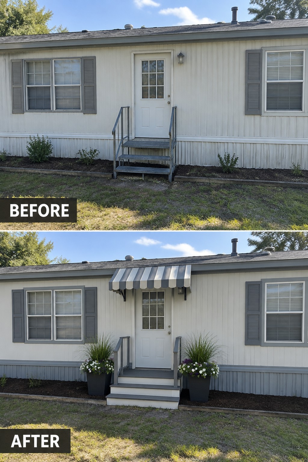 Before-and-after image of a mobile home entry updated with a striped awning, refreshed steps, and planters.