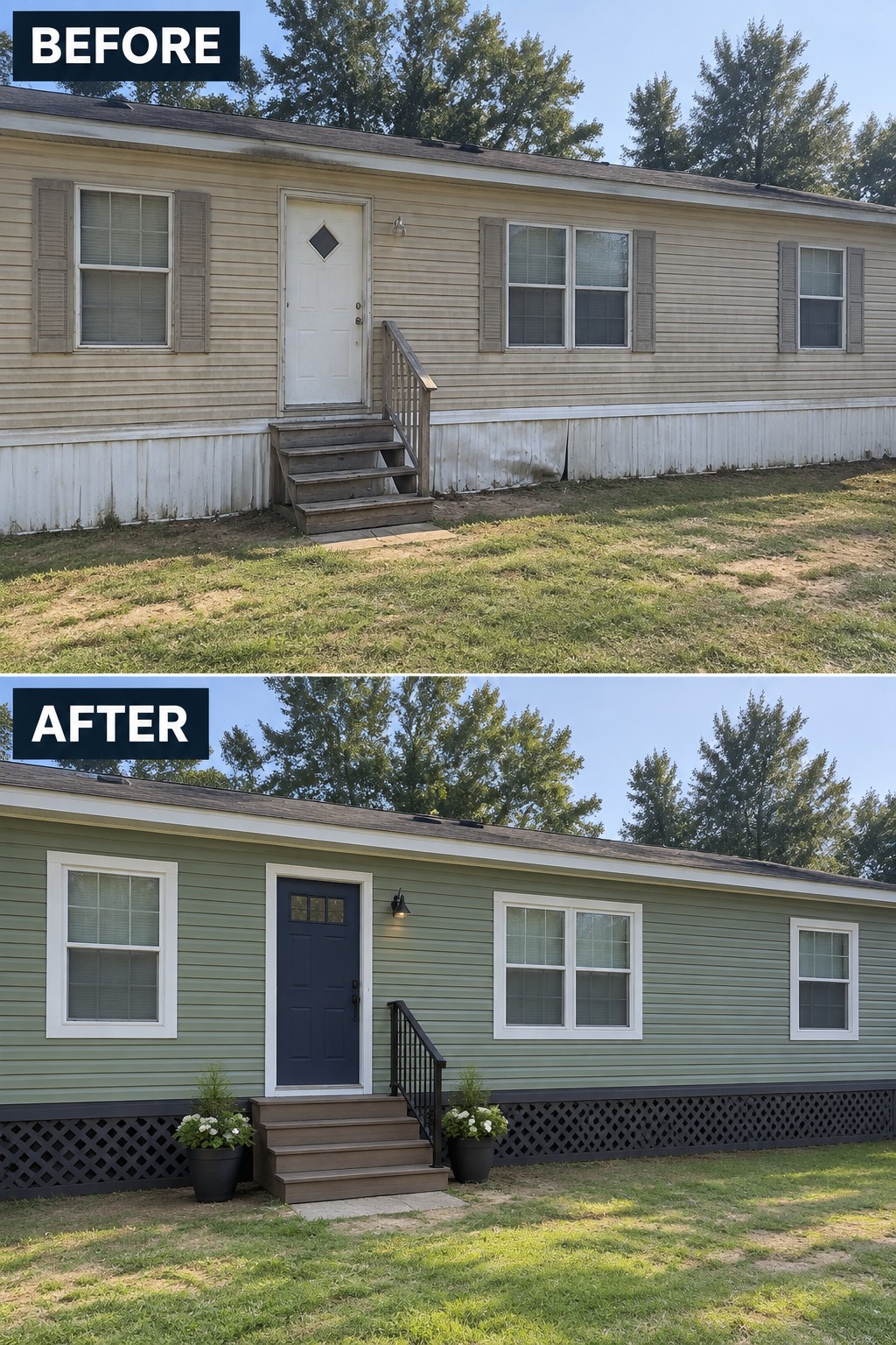 Before-and-after makeover image of a single-wide home with beige siding changed to muted green siding, white trim, and a dark blue front door.