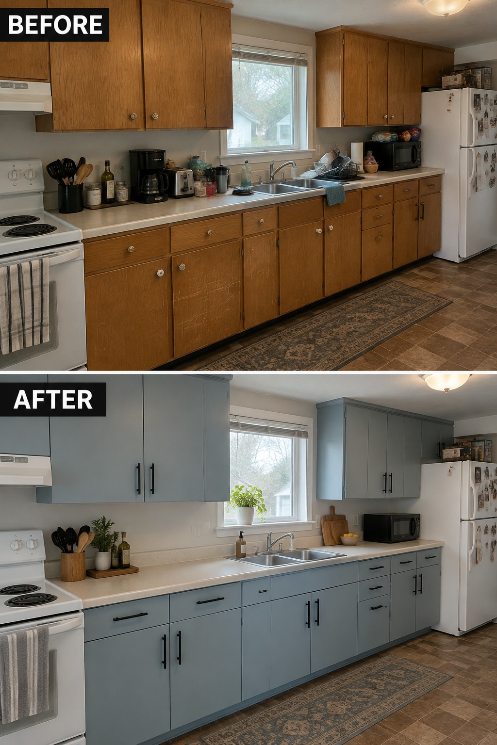 Before-and-after makeover image of a kitchen with worn wood cabinets repainted blue-gray and fitted with dark handles.