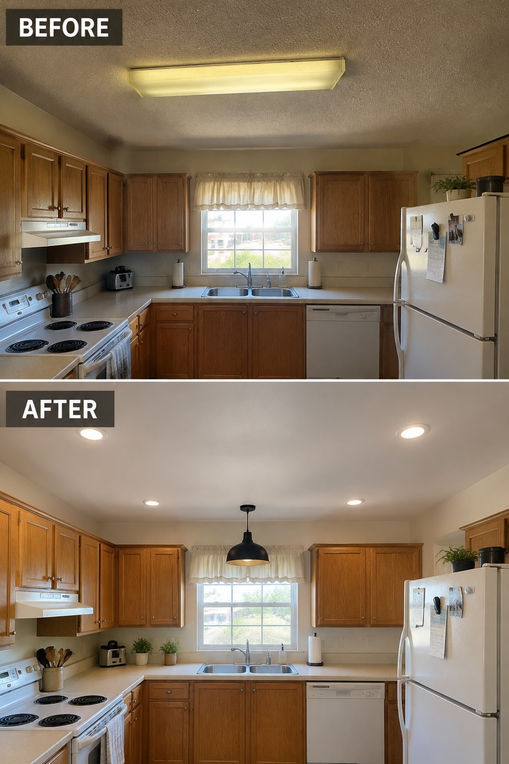 Before-and-after makeover image of a kitchen with an old fluorescent ceiling fixture replaced by recessed lights and a pendant light.