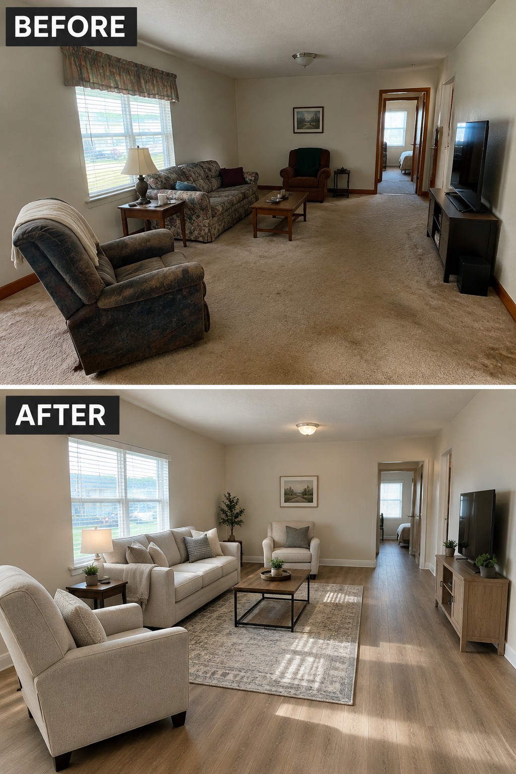 Before-and-after makeover image of a living room with worn carpet and older furniture updated with wood-look flooring, light seating, and a large area rug.