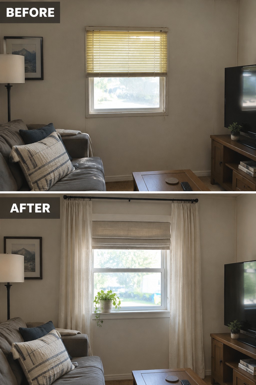 Before-and-after makeover image of a living room window changed from blinds to a Roman shade with long curtains on either side.