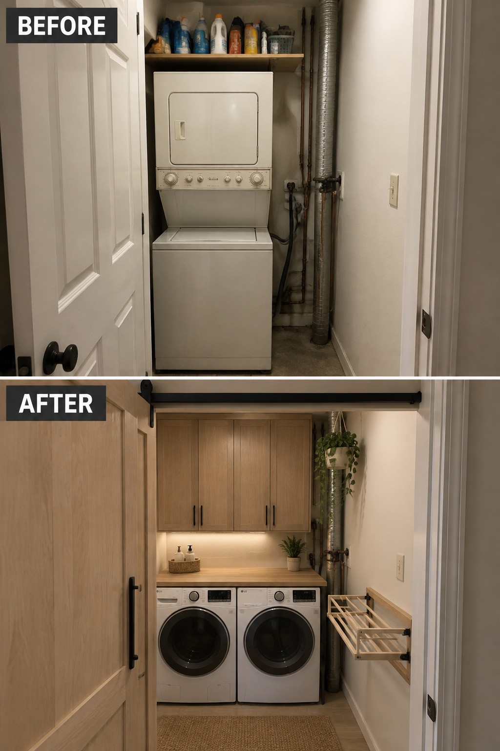 Before-and-after makeover image of a laundry closet changed from a stacked washer-dryer to side-by-side machines with a counter and upper cabinets.