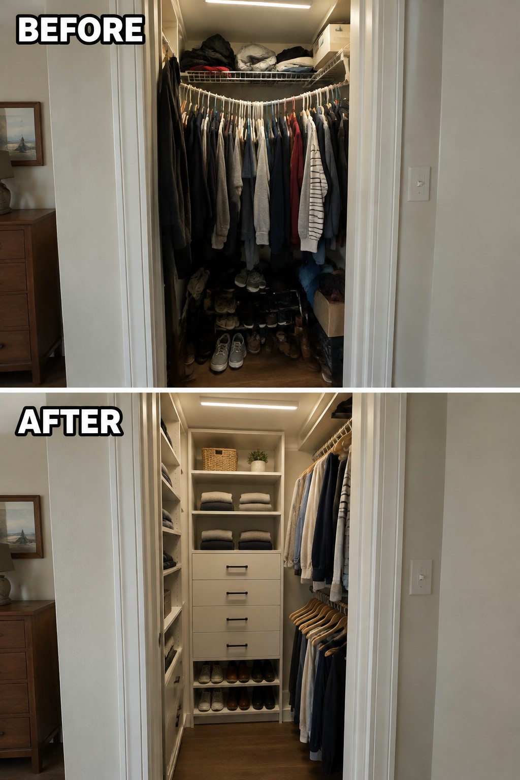 Before-and-after makeover image of a crowded closet reorganized with built-in shelves, drawers, hanging sections, and shoe storage.