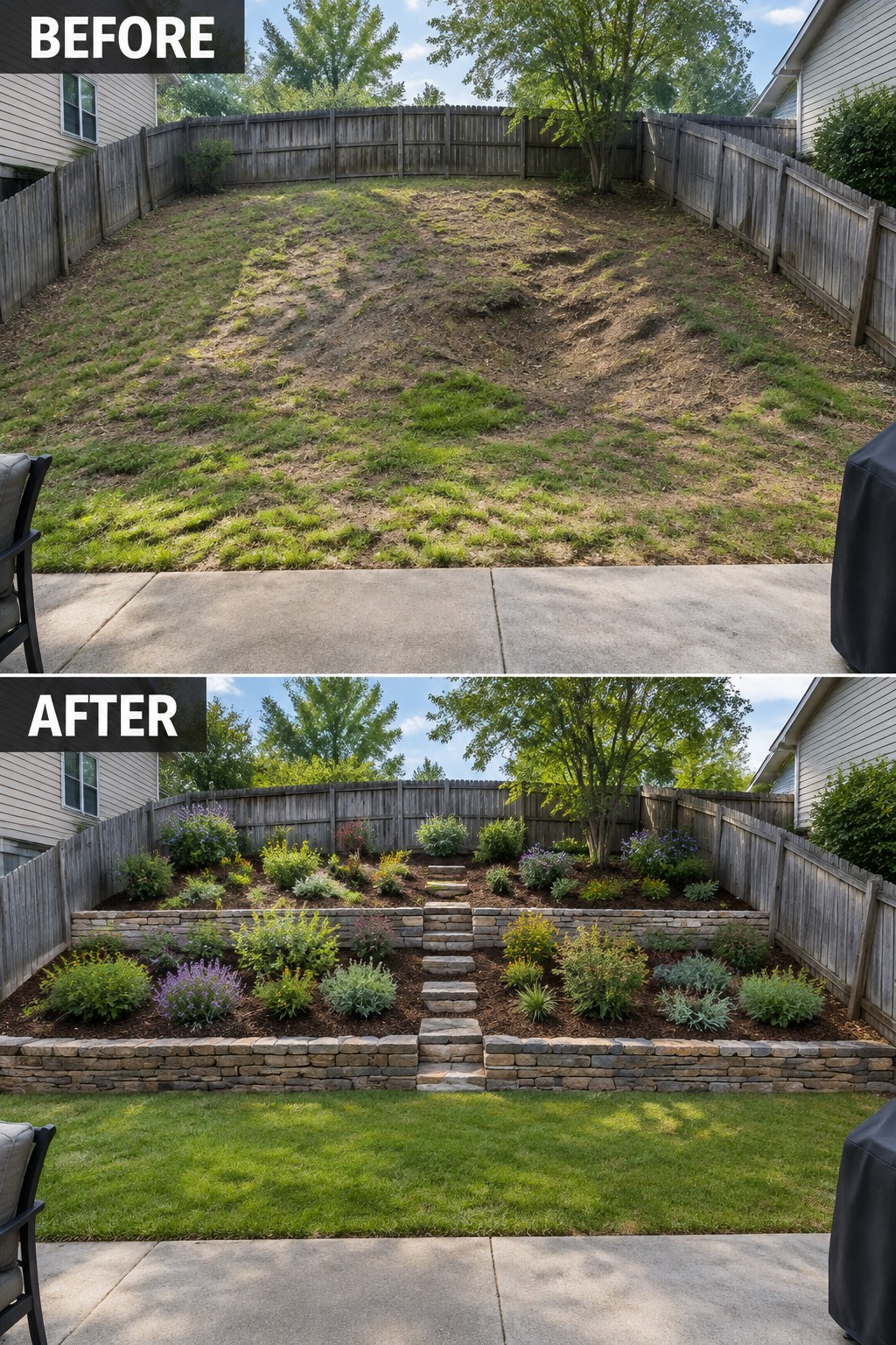 Before-and-after image of a patchy backyard changed into a terraced garden with stone retaining walls, steps, planting beds, and lawn.