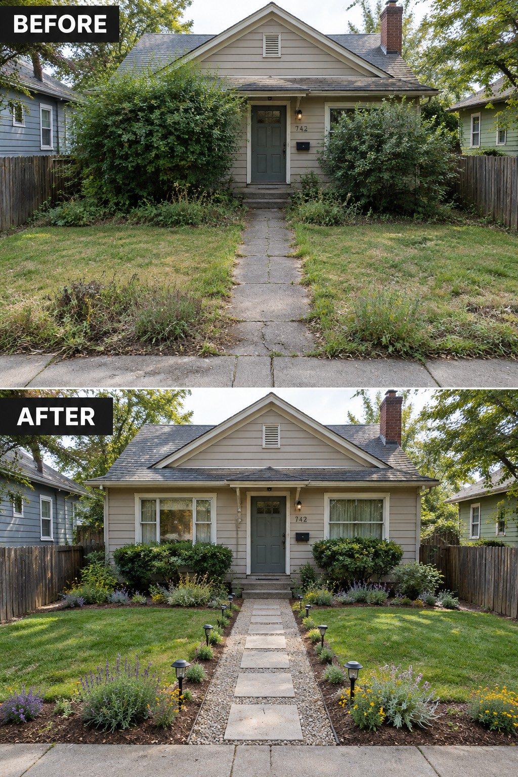Before-and-after makeover image of an overgrown front yard changed to a tidy lawn with a stepping-stone path and planted garden beds.