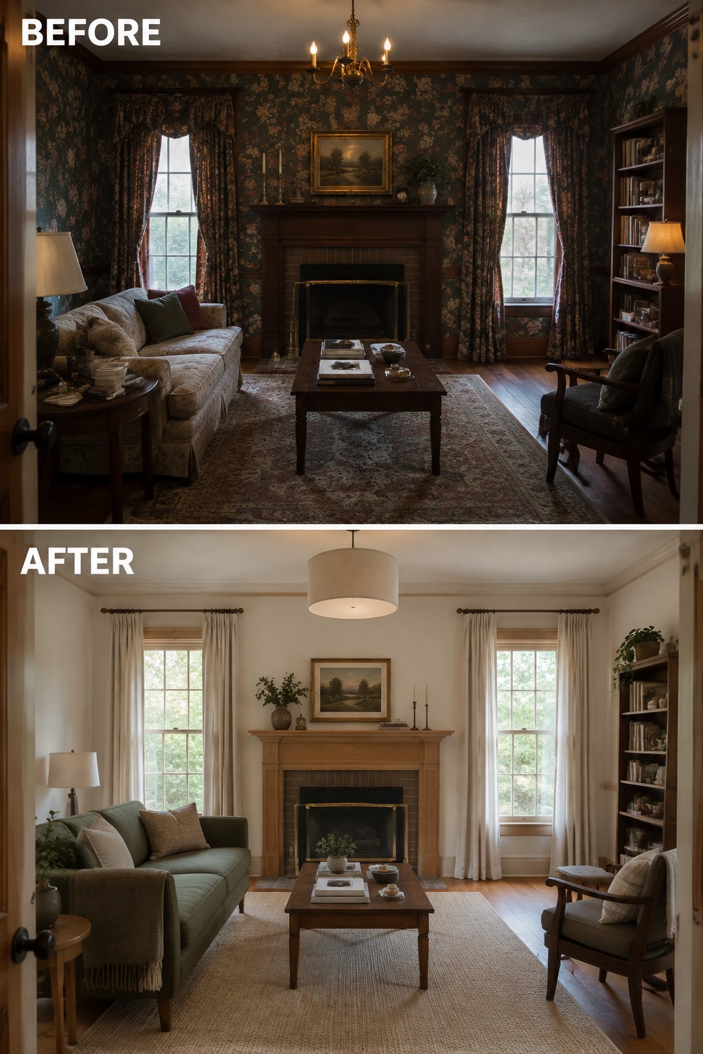 Before-and-after makeover image of a dark living room with patterned wallpaper and heavy curtains updated with light walls, pale curtains, and a lighter rug.